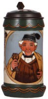 Mettlach stein, 1.0L, 3092, etched, by H. Schlitt, inlaid lid, small popped factory blister on base edge, otherwise mint.