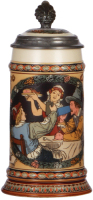 Mettlach stein, .5L, 2716, etched, by F. Quidenus, inlaid lid, mint.