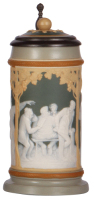 Mettlach stein, .5L, 2628, cameo & relief, by Stahl, inlaid lid, mint.