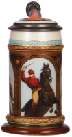 Mettlach stein, .5L, 1733, etched, inlaid lid, pewter strap repaired, otherwise mint.