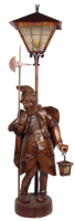 Black Forest wood carved lamp, 58.0" ht., linden wood, carved in Germany, Night Watchman, metal lamp post & lantern, mid to late 1900s, rewired & working, very good quality & condition.