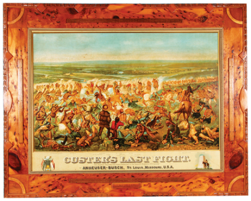 Anheuser-Busch lithograph on paper, framed 38.2" x 48.2", Custer's Last Fight, vintage folk art frame, very good condition.