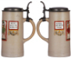Two stoneware steins, 1.0L, transfer & hand-painted, marked Martin Pauson München, 5341, by F. Ringer, pewter lid, mint; with, 1.0L, transfer & hand-painted, marked M. & W. Gr., B. T. M., by F. Ringer, pewter lid, mint. - 2