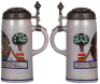 Two stoneware steins, 1.0L, transfer & hand-painted, marked Martin Pauson München, 5341, by F. Ringer, pewter lid, mint; with, 1.0L, transfer & hand-painted, marked M. & W. Gr., B. T. M., by F. Ringer, pewter lid, mint. - 3