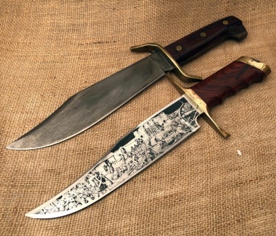 Aurum Etching Engraved Wood Handle Bowie and a Western W49 Bowie