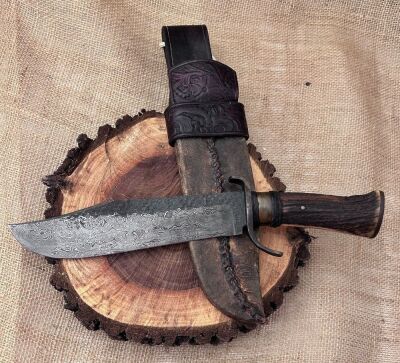 Dan Winkler Damascus Forged Bowie with Karen Shook Sheath