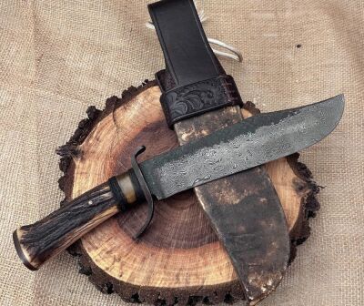 Dan Winkler Damascus Forged Bowie with Karen Shook Sheath - 2