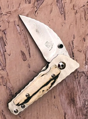MH Franklin/Hawg Knives, Damascus and Stag Locking Liner