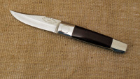 Barry Wood butterfly folder, maroon micarta handles, 4 1/4" closed, has been sharpened so near mint.