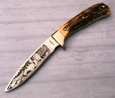 Aurum Etched Stag Handle Drop Point Hunter