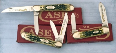 Trio of Case Olive Green Bone; Canoe and two Copperheads