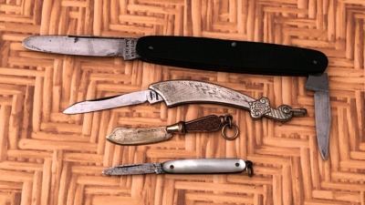 Liberty Pen, VOOS Metal Folder, T. Dick Novelty Pendant Knife, and a PAL Pearl Folder