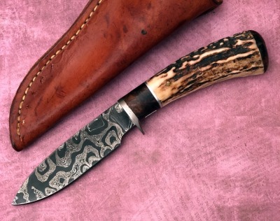 Fred Durio Stag Damascus Drop Point