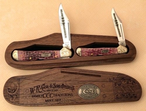Case Family Traditions Mint Purple Bone Copperlock Set in Copperlock Shaped Wood Box