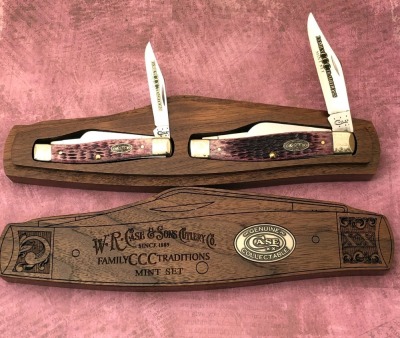 Case Family Traditions Mint Purple Bone Stockman Set in Stockman Shaped Wood Box
