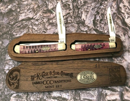 Case Family Traditions Mint Purple Bone Trapper Set in Trapper Shaped Wood Box