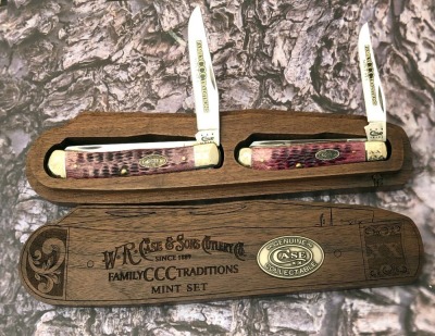 Case Family Traditions Mint Purple Bone Trapper Set in Trapper Shaped Wood Box