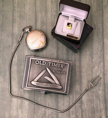 Schrade Pocket Watch, Schrade Metal Belt Buckle and a Lapel Pin