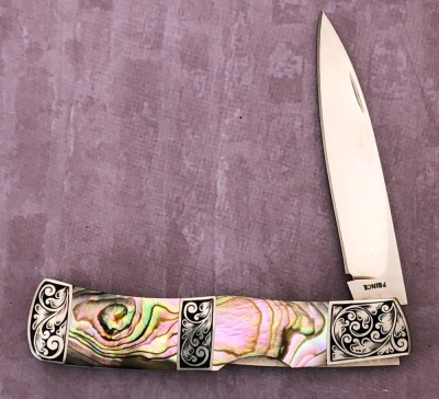 Joe Prince Abalone Engraved Lockback