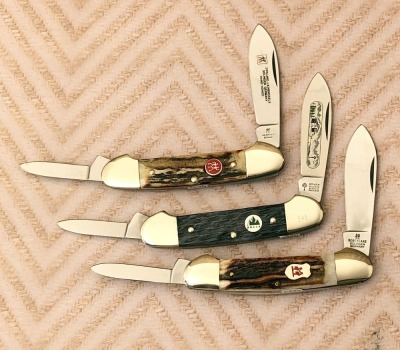 Henckels & Kissing Crane stag canoe and Bone Boker canoe.