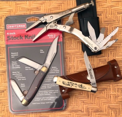Schrade Tough Vise Grip Multi Tool, Craftsman Stock Knife and a Schrade USA Scrimshaw Trapper