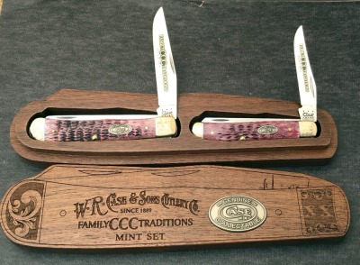 Case Family Traditions Mint Purple Bone Trapper Set in Trapper Shaped Wood Box