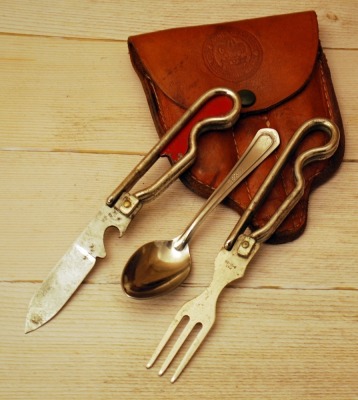Vintage Schrade BSA Mess Kit Knife, Spoon & Fork w Leather Pouch