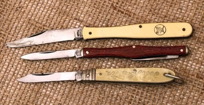 Utica Single Blade, Hartford Wood Two Blade, and a Camillus Single Blade with Bail