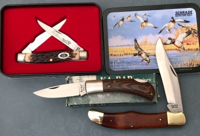 Schrade USA 77UH Muskrat, Ka-Bar Wood Lockback and a Ka-Bar Wood Folding Hunter