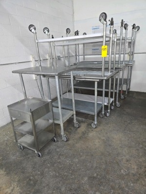 LOT OF ROLLING STAINLESS STEEL TABLES & CARTS