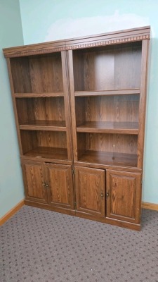 (2) WOOD BOOK SHELVES, CREDENZA, DESK & (2) 4 DRAWER FILE CABINETS