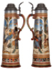 Mettlach stein, 5.7L, 23.1" ht., 2102, etched, by W. Schultz, pewter lid is correct old replacement, good base, handle & top rim repairs. - 2