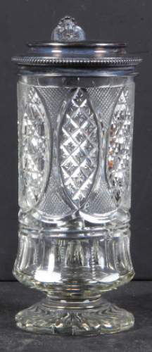 Glass stein, .5L, blown, clear, cut, silver-plated lid, small base flake, otherwise mint.